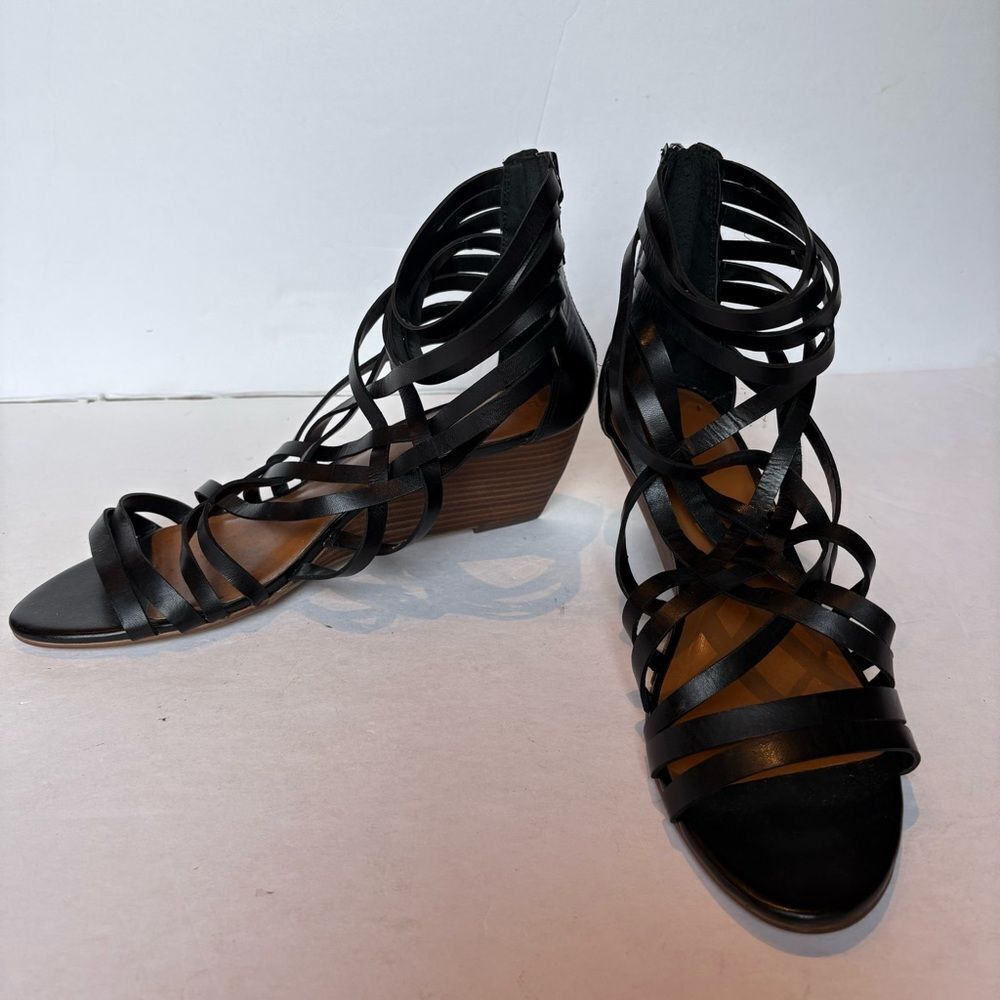 Hinge Women's Strappy Black Leather  Wedge Sandals Size 9 1/2M